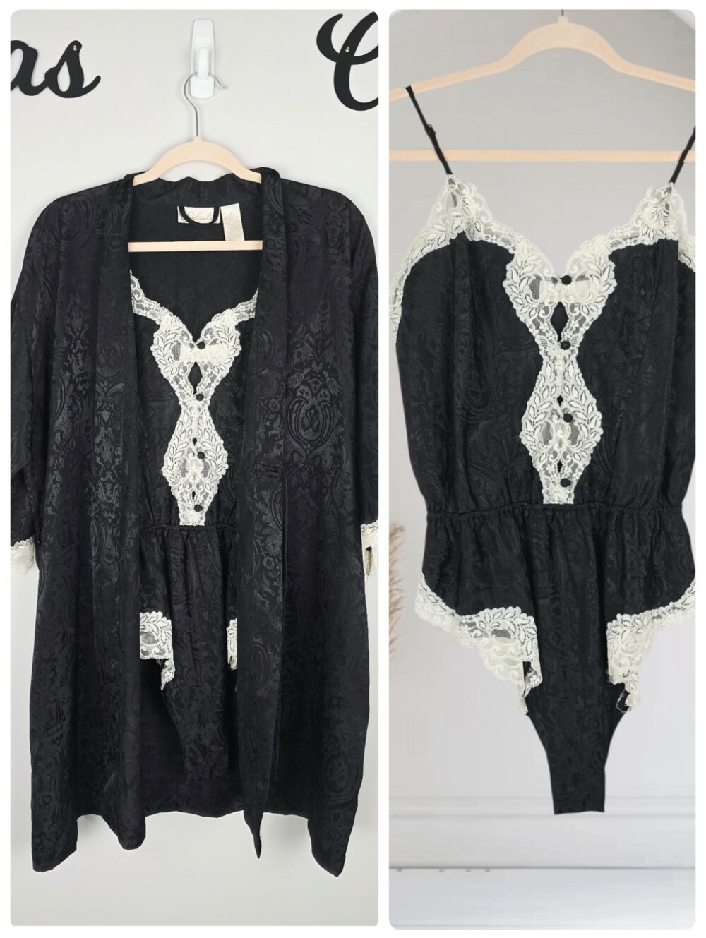 Vintage Delicates Black Lace-Trim Teddy Rob Two-Piece Lingerie Set Size Small‎